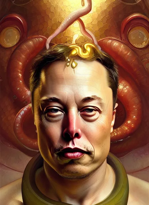 Prompt: elon musk as mollusk, slime, drool, portrait, intricate, elegant, highly detailed, digital painting, artstation, concept art, wallpaper, smooth, sharp focus, illustration, art by artgerm and greg rutkowski and alphonse mucha