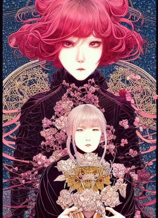 Image similar to highly detailed illustration yoneyama mai, artstation, katsuhiro otomo, fluorescent, fantastic, fate, manga poster of princess mechine, minaba hideo, takato yamamoto, long hair, art nouveau, armor, laces, ruffles, 8 k, maximalist,