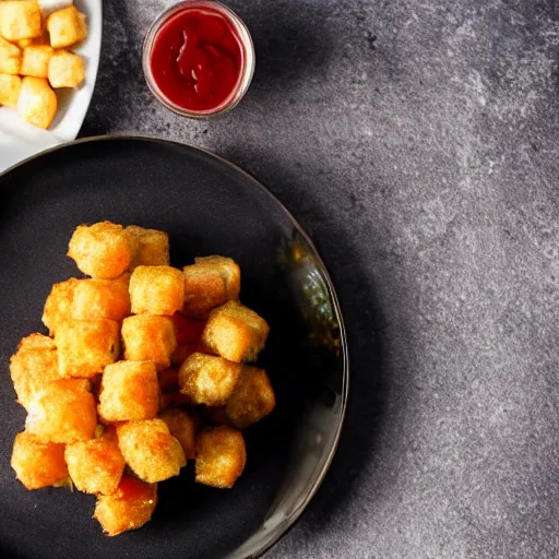 Image similar to food photo of channing tatum's face on top of giant tater tot on a plate with ketchup