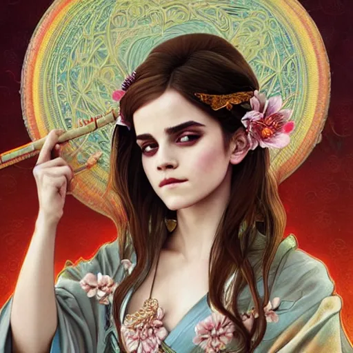 Prompt: Emma Watson as a Japanese Goddess, cute, fantasy, intricate, elegant, highly detailed, digital painting, 4k, HDR, concept art, smooth, sharp focus, illustration, art by artgerm and H R Giger and alphonse mucha