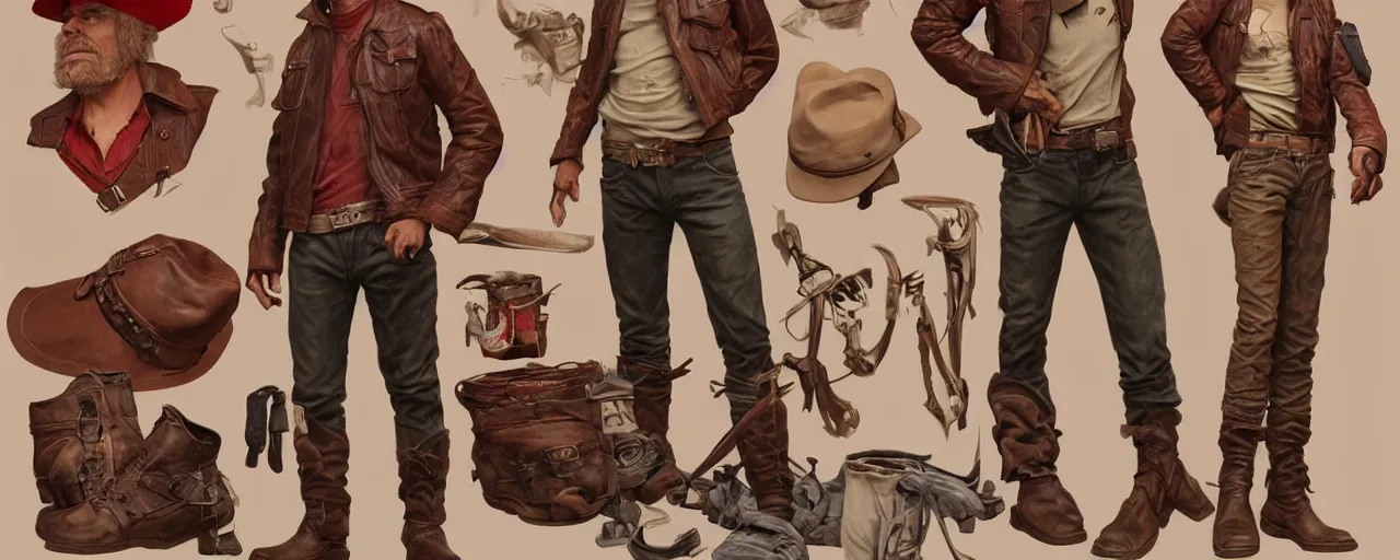 Prompt: character design, turnaround, full body, 40's adventurer, unshaven, optimistic, stained dirty clothing, straw hat, riding boots, red t-shirt, dusty brown bomber leather jacket, detailed, concept art, photorealistic, hyperdetailed, 3d rendering , art by Leyendecker and frazetta,