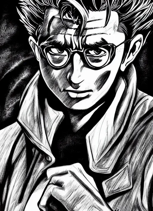 Prompt: james dean in the style of kentaro miura, james dean in berserk, detailed manga illustration, anime fantasy illustration, ink portrait