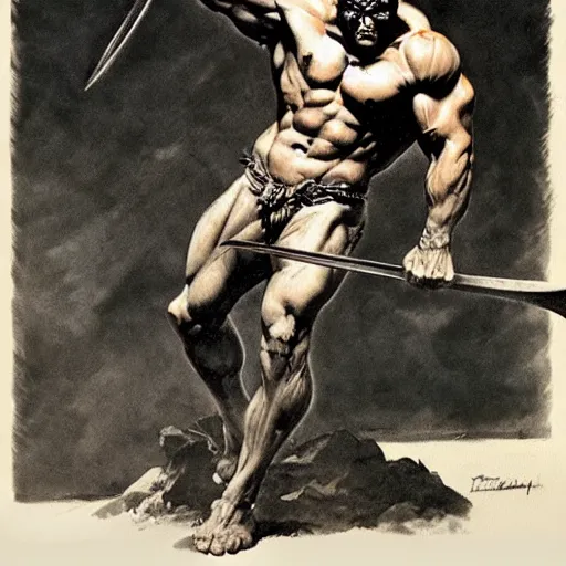 Image similar to by Frank Frazetta style, barbarian with extraordinary muscle structure with long sword, wide view, well-defined anatomy, high quality details, deep depth of field, denoise