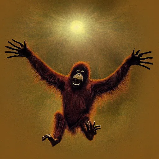 Image similar to orangutan descending from heaven, in the style of deathspell omega's fas album cover