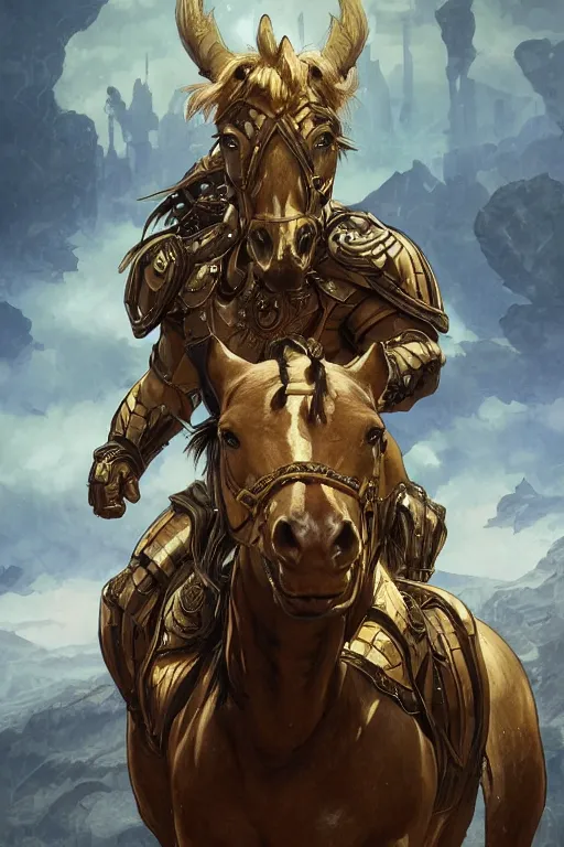 Prompt: portrait of hulking herculean anthro horse security trooper, full bodysuit, godlike, full body, fantasy, intricate, elegant, highly detailed, digital painting, artstation, concept art, sharp focus, illustration, art by artgerm and greg rutkowski and alphonse mucha