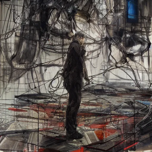 Image similar to a lone lost man in a dark cyberpunk future, by kent williams, lucian freud and jenny saville, wires machines, city