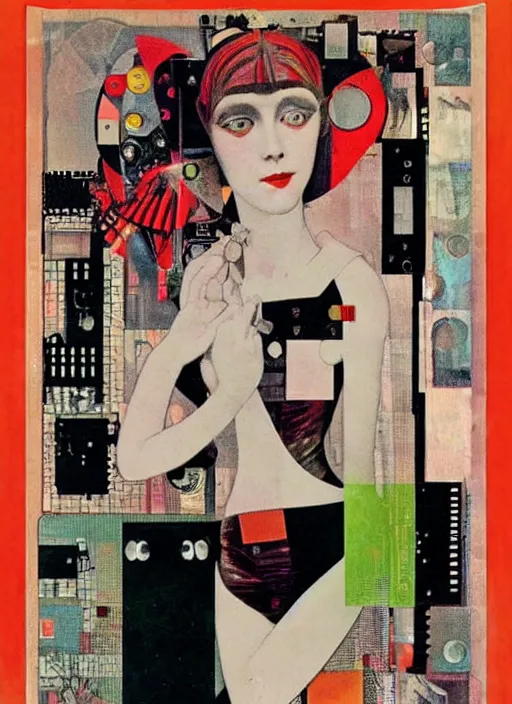 Prompt: cute punk goth fashion fractal alien martian girl with a television head wearing kimono made of circuits and leds, surreal Dada collage by Man Ray Kurt Schwitters Hannah Höch Alphonse Mucha, red and black