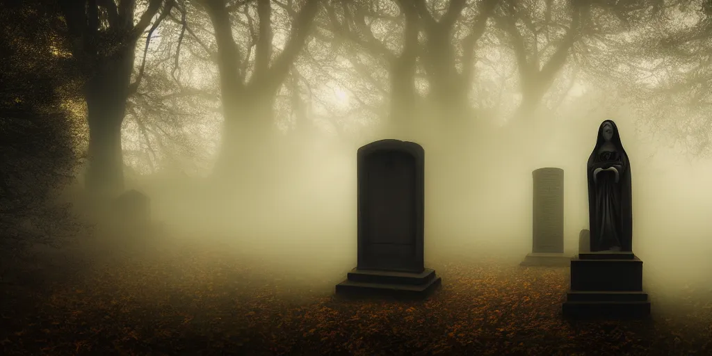 Image similar to creepy horror, Highgate cemetery, angel statuettes, tombs, blanket of fog, rain, volumetric lighting, beautiful, golden hour, sharp focus, ultra detailed, cgsociety