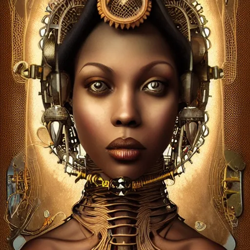Prompt: by tom bagshaw, photorealist vivid render of a carnival of curiosities, single curvy flirt etheral young steampunk african female in a full ornated armor, gears, cables, led, flying machinery, partial symmetry accurate features, very intricate details, focus, award winning, ultra dense fog, trending on behance