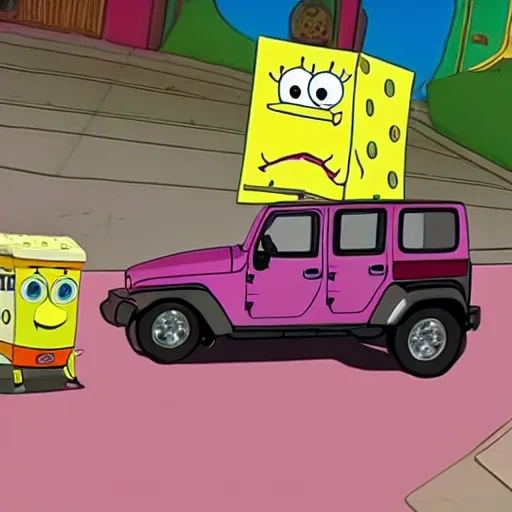 Image similar to cctv footage of spongebob stealing a jeep wrangler, high quality, high resolution