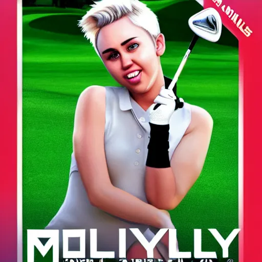 Image similar to video game box art of a game called miley cyrus golf, 4 k, highly detailed cover art.