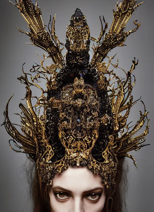 Image similar to a portrait of female model by stefan geselle and nekro borja, photorealistic, intricate details, hyper realistic, fantasy, elegant, ornate metal gold headpiece, photorealistic, canon r 3, photography, wide shot, symmetrical features, wide angle shot, head to toe, standing pose, feet on the ground, studio background