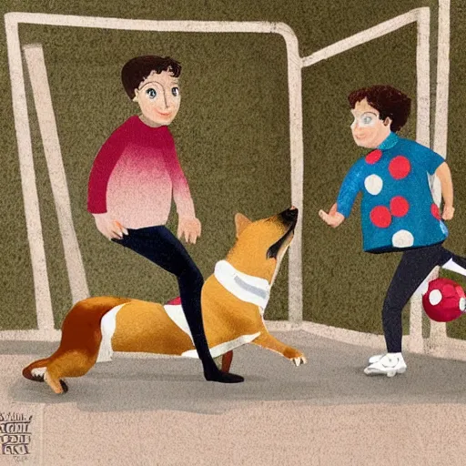 Image similar to illustration of french boy in paris playing football against a corgi, the corgi is wearing a polka dot scarf