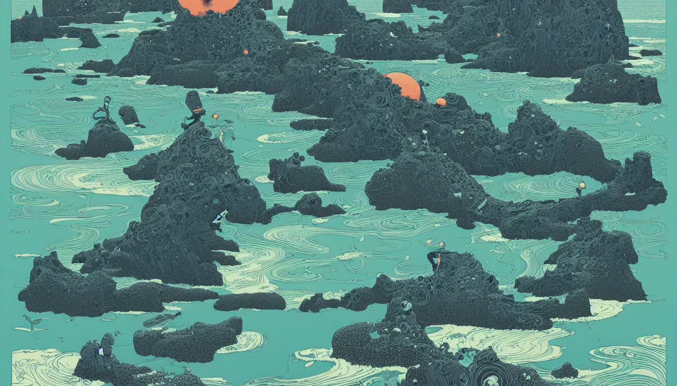 Prompt: oregon coast by balmy enso, jamie hewlett, nicolas delort, moebius, victo ngai, josan gonzalez, kilian eng