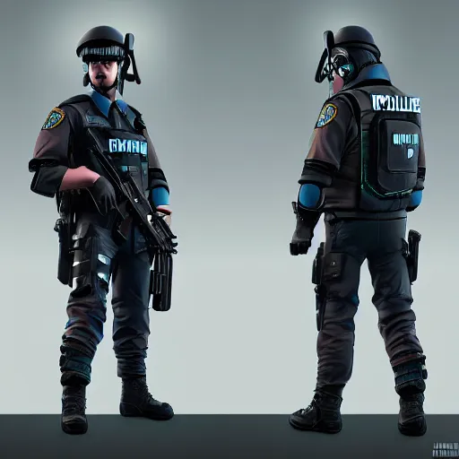 Prompt: character design, standing cyberpunk police officer, photorealistic, octane render, unreal engine, hyper detailed, volumetric lighting