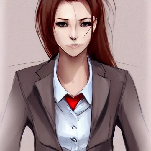 Image similar to female lawyer, business suit, brown neat hairr, pixiv, fanbox, trending on artstation, digital painting, defense attorney, modern, sleek, highly detailed,