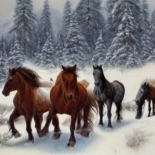 Image similar to painting of a herd of wild horses on a snowy mountain in the style of Bev Doolittle, HD, Detailed, Realism