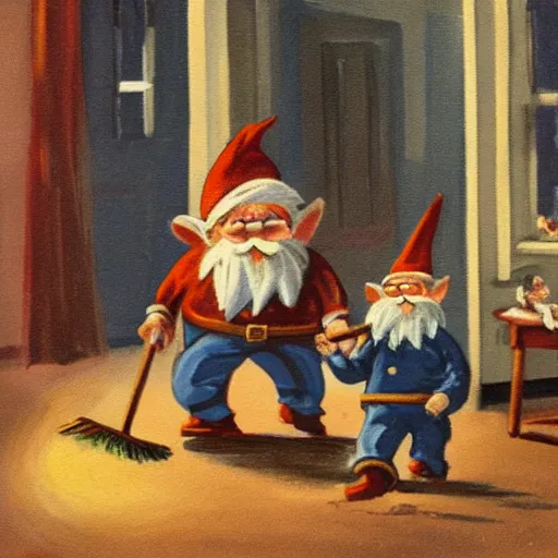 Prompt: vintage painting of gnomes invading a house at night, father defending family with a broom,