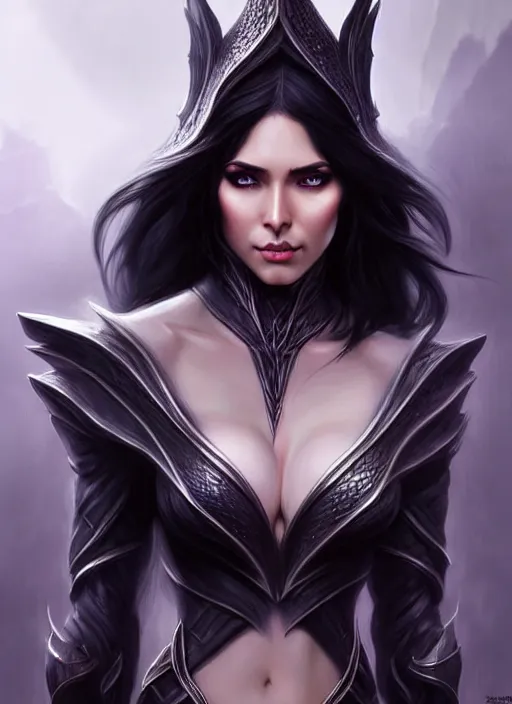 Image similar to d & d concept art of gorgeous elven woman with raven black hair in the style of stefan kostic, realistic, half body shot, sharp focus, 8 k high definition, insanely detailed, intricate, elegant, art by stanley lau and artgerm, foggy backgeound, fantasy