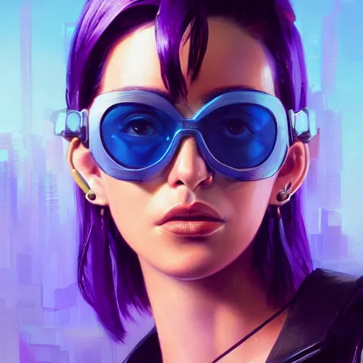 Prompt: very detailed masterpiece closeup painting of a very beautiful young mexican cyberpunk woman with light blue shutter shades, one side haircut, dark purple hair, purple leather jacket, portrait, synthwave background, artstation, concept art by greg rutkowski