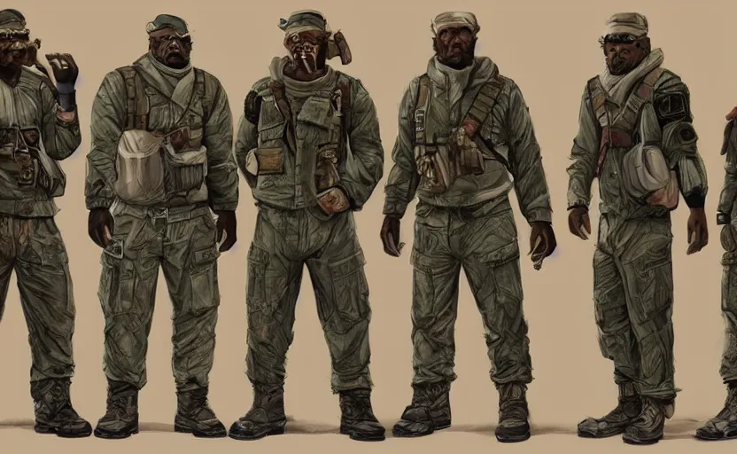 Image similar to clothes design of scientist soldier survivalist character gang, hyperrealistic, beautifully rendered