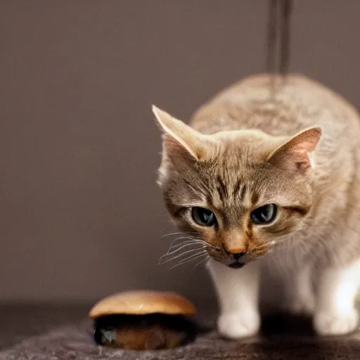 Image similar to a small domestic house cat with a mushroom growing atop its head