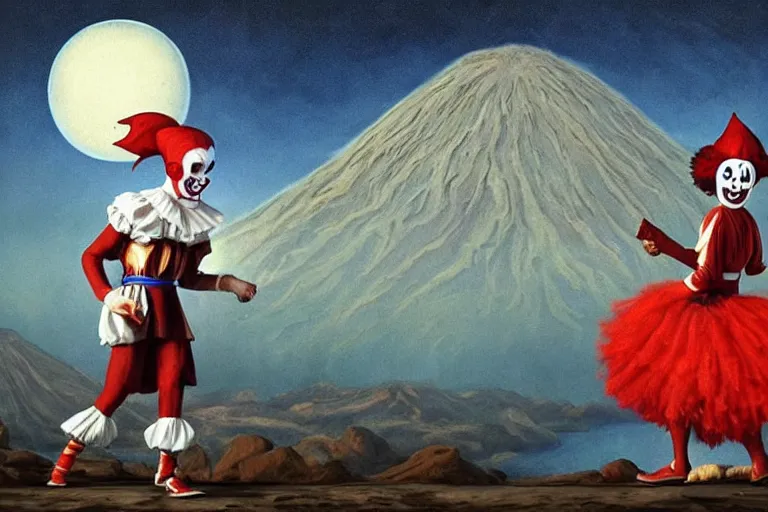 Image similar to pennywise as pulcinella!!! holding a large pizza!!, volcano in background, dark sky, smoke, glowing pools of lava, an ultrafine detailed painting by joe fenton, full body, wide angle, post - apocalyptic vibe, pop surrealism, sharp focus, whimsical, lowbrow, perfect symmetrical face, masterpiece, hyperrealistic, trending on deviantart