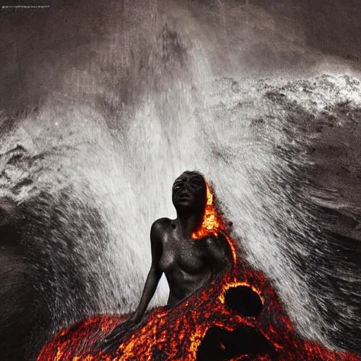 Image similar to realistic steams of lava, oozing out of a dark female figure in artistic poses, nature photography, mesmerizing, intricate, incredible, dynamic, ornate, taken by Annie Leibovitz, DMT realm, fear of unknown, highly detailed, 8k, trending on pinterest,