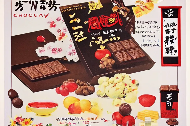 Prompt: chocolate advertisment, still life, 1 9 7 0 s japan shouwa advertisement, print, nostalgic