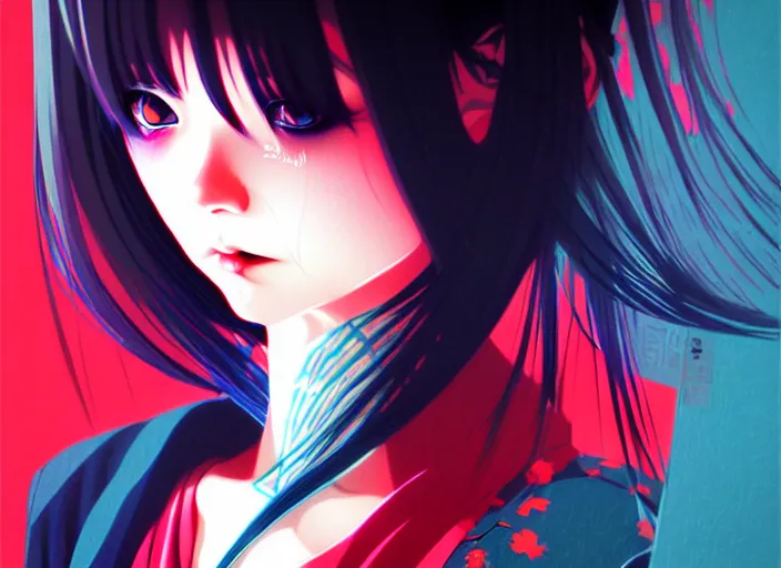 Image similar to editorial illustration colorful, anime portrait vampire princess miyu, katsuhiro otomo, manga, ilya kuvshinov, fine texture, realistic shading, fine details, matte colors, film noir, dramatic lighting, dynamic composition, moody, vivid, volumetric