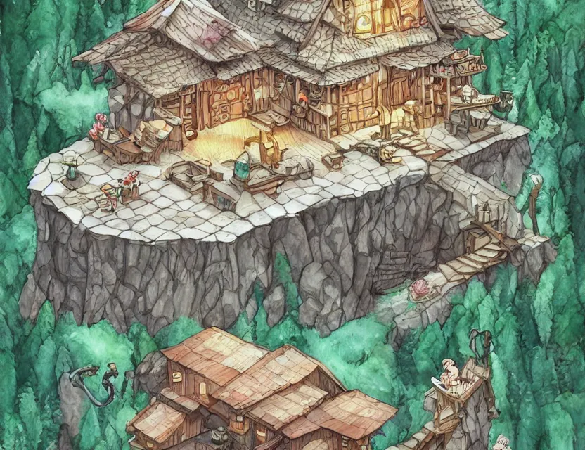 Image similar to cute and funny, a magicians cabin carved into a mountain, centered award winning watercolor pen illustration, isometric illustration by chihiro iwasaki, edited by range murata, tiny details by artgerm and watercolor girl, sharply focused