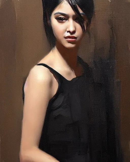 Image similar to beautiful portrait painting an gorgeous delhi girl wearing a little black dress, oil painting, art by ruan jia