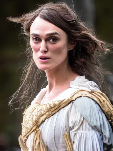 Prompt: a photograph of Keira Knightley as Miranda from the stage production of The Tempest taken with Nikon D3500, 4K UHD