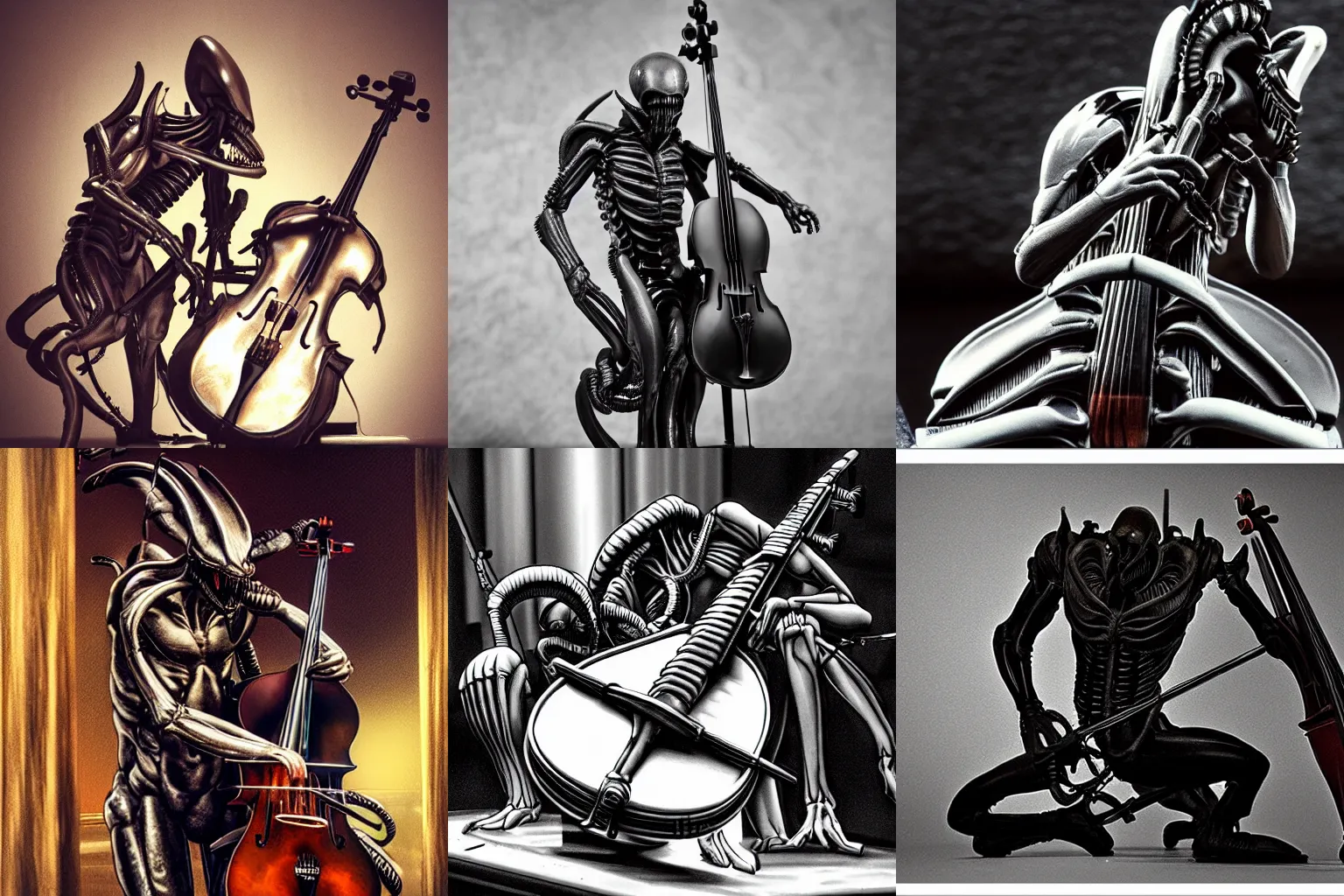 Prompt: xenomorph playing cello in a concert hall, detailed, realistic, photography