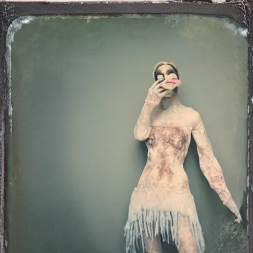 Image similar to damaged kodak portra 4 0 0, wetplate, photo of a surreal artsy dream scene,, very beautiful model, weird fashion, grotesque, extravagant dress, strange pose, carneval, with an animal, wtf, photographed by paolo roversi style