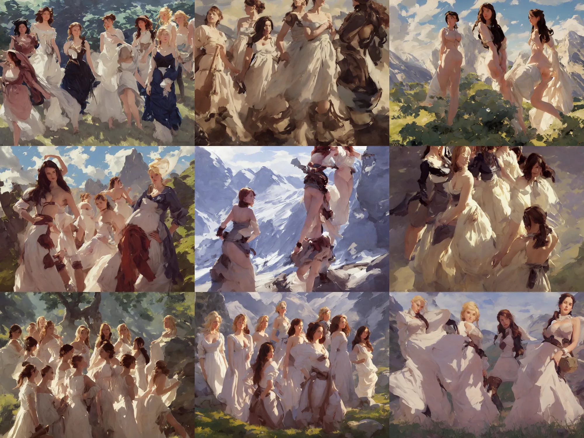 Image similar to five of beautiful finnish norwegian swedish scandinavian attractive glamour models wearing 1 7 th century bodice with low neckline walking in the mountains in a sunny day, jodhpurs greg manchess painting by sargent and leyendecker, studio ghibli fantasy close - up shot asymmetrical intricate elegant matte painting illustration hearthstone, by greg rutkowski by greg tocchini by james gilleard