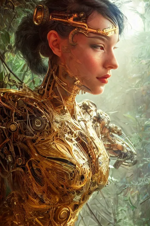 Image similar to stunningly beautiful, cyborg prima ballerina in jungle, symmetrical face, golden hour, smooth, focus, highly detailed, hyper realistic, dramatic lighting, elegant, intricate, concept art, art by wlop, mars ravelo, greg rutowski, artstation