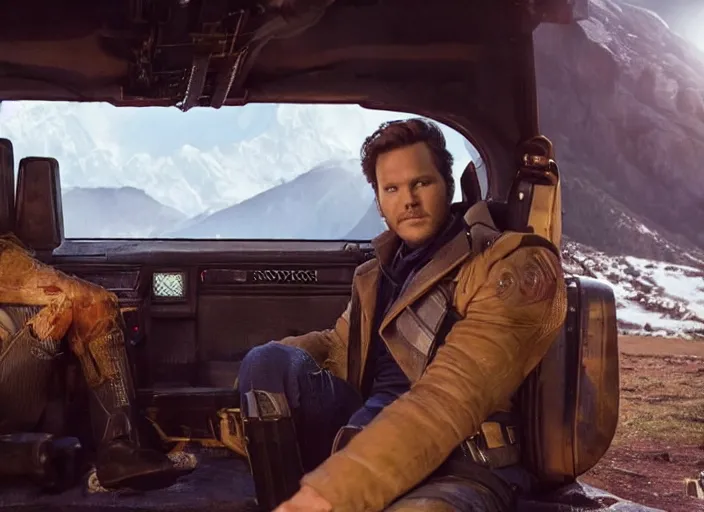 Image similar to a very high resolution image from a new movie, starlord. inside of a car. mountains, falling stars, directed by wes anderson