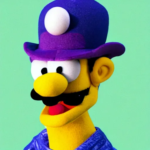 Image similar to Waluigi reimagined as a Muppet, photorealistic