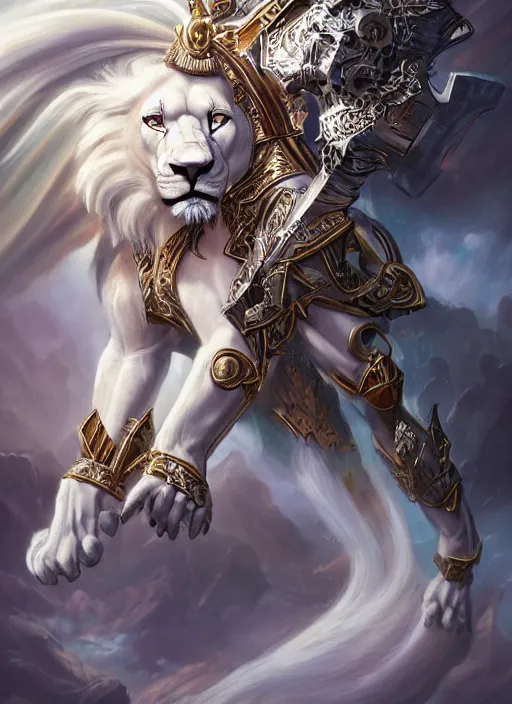 Image similar to anthropomorphized white lion paladin casting magic bright light spell, heroic pose, concept art, insanely detailed and intricate, hypermaximalist, elegant, ornate, hyper realistic, super detailed, art deco, cinematic, trending on artstation, magic the gathering artwork