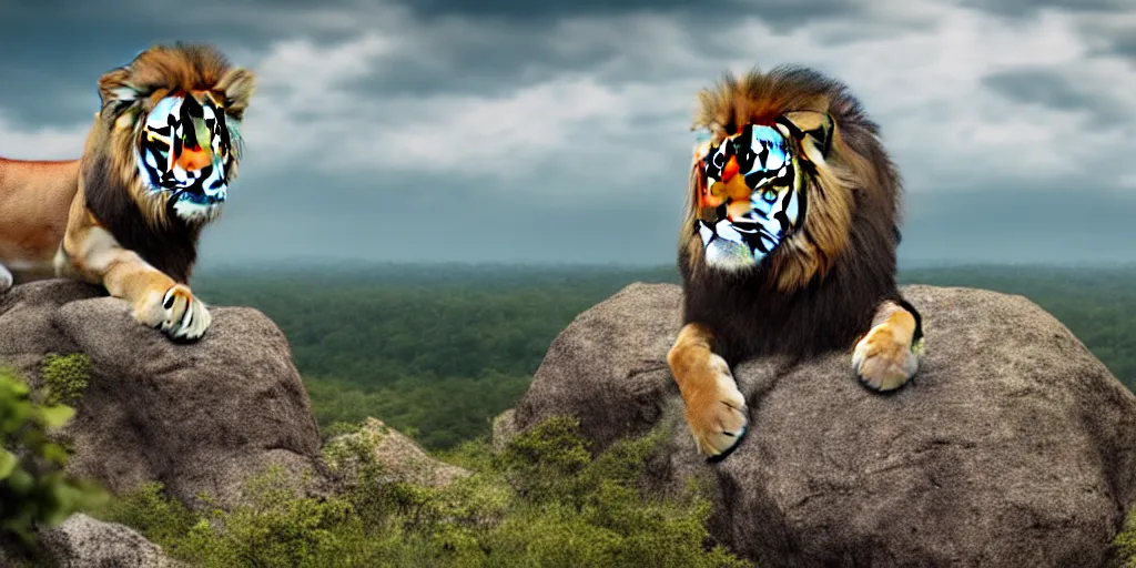 Image similar to hyperrealistic photo of a lion roaring on top of a rock over looking the jungle, 8 k