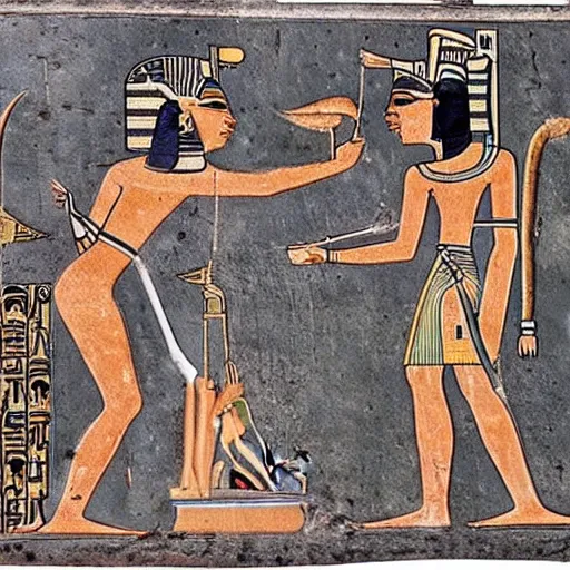 Prompt: ancient egyptian art depicting grey aliens fighting with dinosaurs