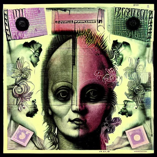 Image similar to post - punk new age album cover, asymmetrical design, dollar bank notes, capitalism, magic, apocalypse, psychedelic, black white pink, magic, giger h. r., giuseppe arcimboldo