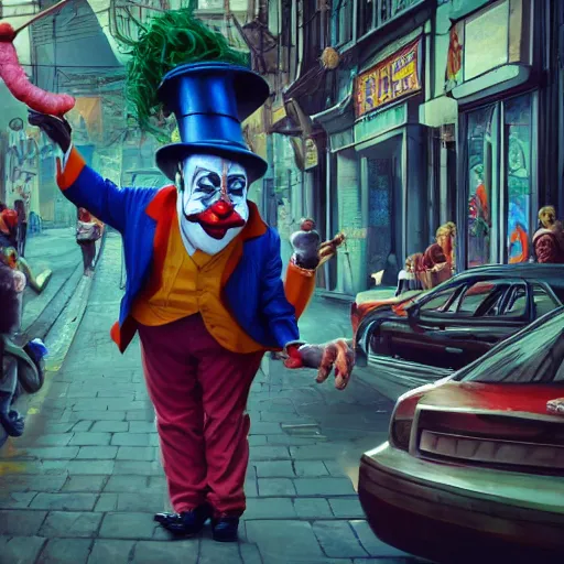 Prompt: a vicious clown with a detailed face at a crowded urban street making an offer you cant refuse, storybook illustration, octane render, detailed painting, by katherine federer, anthony pafford, harry gamboa and tracy flickinger 4 k