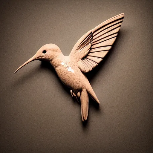 Image similar to intricate hummingbird carved from wet clay, bioluminescent, photograph, studio lighting