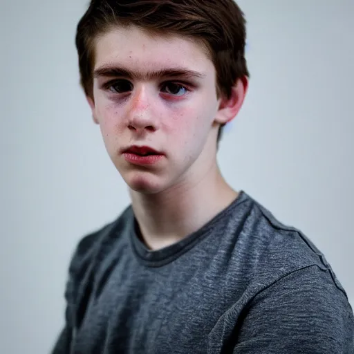 Prompt: Portrait of a sad looking teenage boy, around 21 yo, natural brown hair and smooth pale skin. Detailed face and eyes. Award winning photograph.