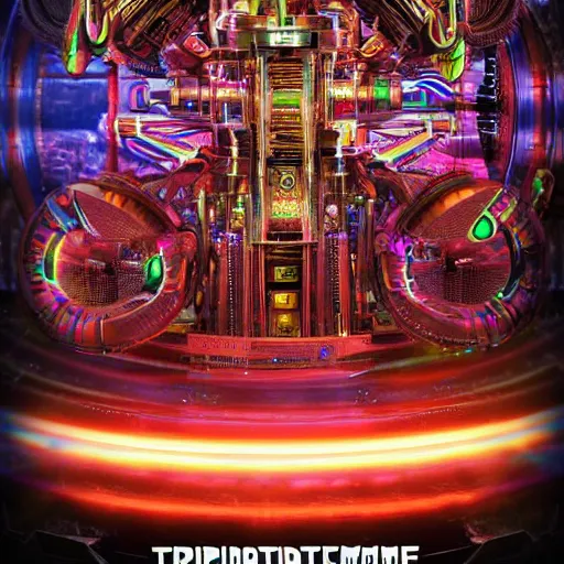 Prompt: movieposter art, movie is called tripmachine, tripmachine, photo of a huge futuristic steampunk machinery made of instruments, 8 k, fluorescent colors, halluzinogenic, multicolored, exaggerated detailed, front shot, 3 d render, octane