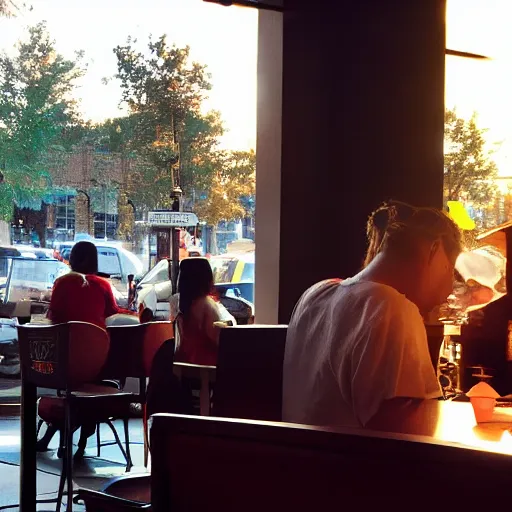 Image similar to cinematic photo of ghostly apparitions at a starbucks in the late afternoon with red sunlight