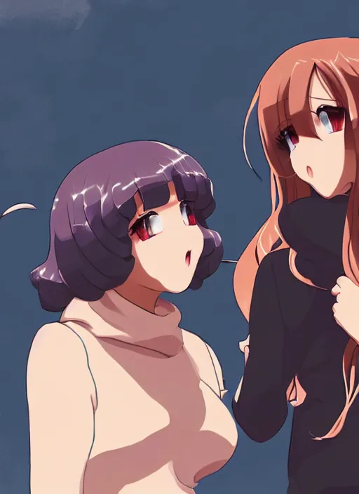 Prompt: two beautiful mothers talking on a street, fashionable street clothes, gorgeous faces, thick lines, cinematic lighting, detailed anime art
