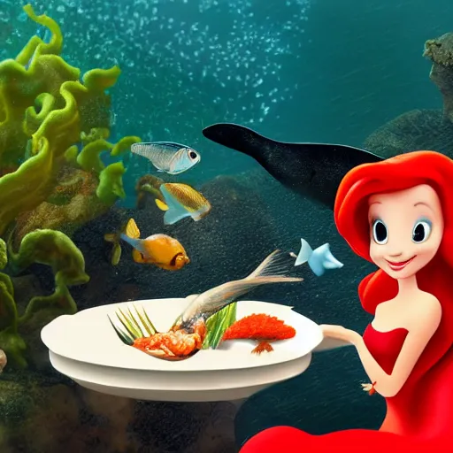 Image similar to ariel eating a fish dinner, hyper realistic, beautiful, 4 k, red hair, succulent, under water, banquet